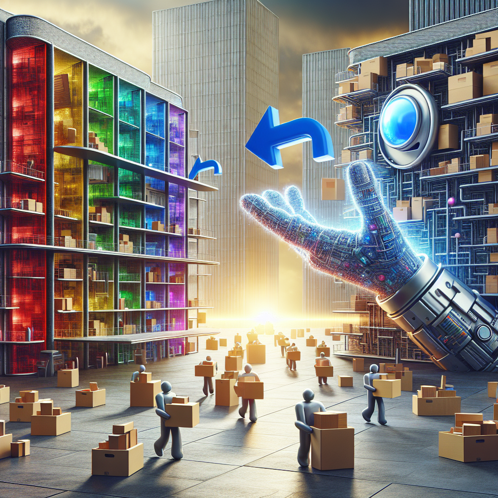 An abstract office scenario where three large corporate buildings, symbolizing tech companies, contain animated rooms filled with exiting employees carrying boxes filled with their belongings. The first building has a large, colorful search bar emblematic of an internet search company. The second one is adorned with a giant silver metal 'A' reflecting the latter half of the alphabet. The third one shows a hovering, holographic blue hand wearing a futuristic glove device. The atmosphere is one of confusion, chaos, and uncertainty, while the sky casts a setting sun.