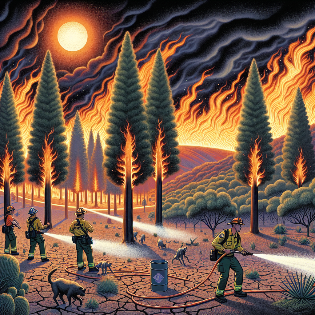 Illustration showing a detailed scene of an area affected by wildfires in the United States. The landscape features tall trees being consumed by bright flaming orange and red wildfires, casting a dark smoky gray hue over the sky. In the foreground, a group of diverse firefighters, a woman of Hispanic descent and a man of Caucasian descent, battling the blazing fire using water hoses. Background shows heatwave signs like a cracked dried ground and the sun appearing to pulsate with intense heat. The image assists in conveying the severity and urgency of the situation.