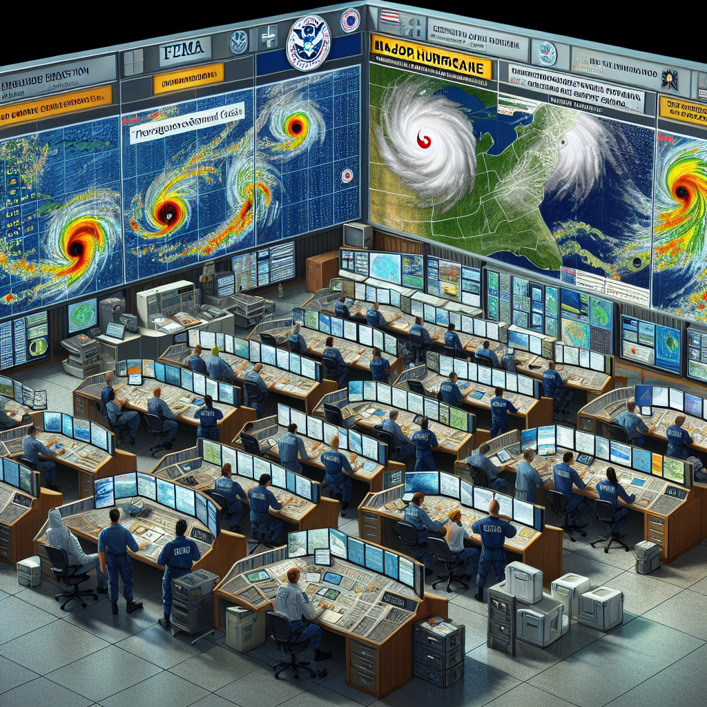 A visual representation of FEMA's emergency preparedness for the hurricane season. The scene consists of a detailed command center with multiple screens displaying weather forecasts and maps. Uniformed personnel of various descents and genders can be seen around the center, working and discussing the weather situation. One screen should show a major hurricane symbol just off the coast. Extreme attention to detail is necessary, from the meteorological data on the screens to the various equipment used in the command center. Incorporate motifs typical of the hurricane season such as high winds and heavy rainfall. Include representation of alert systems such as radios and text alerts.