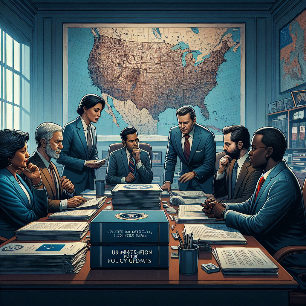 A detailed scene in an office setting, where a group of five individuals, including Caucasian, Hispanic, Middle Eastern, Black, and South Asian men and women are engaging in a strategic discussion around a large table strewn with documents. On the wall behind them, a large map of the world can be seen. On the table, amongst the papers, is a binder labeled 'US Immigration Policy Updates'. Their expressions convey the seriousness of their work. No identifiable people, landmarks, or copyrighted materials should be included in the image.