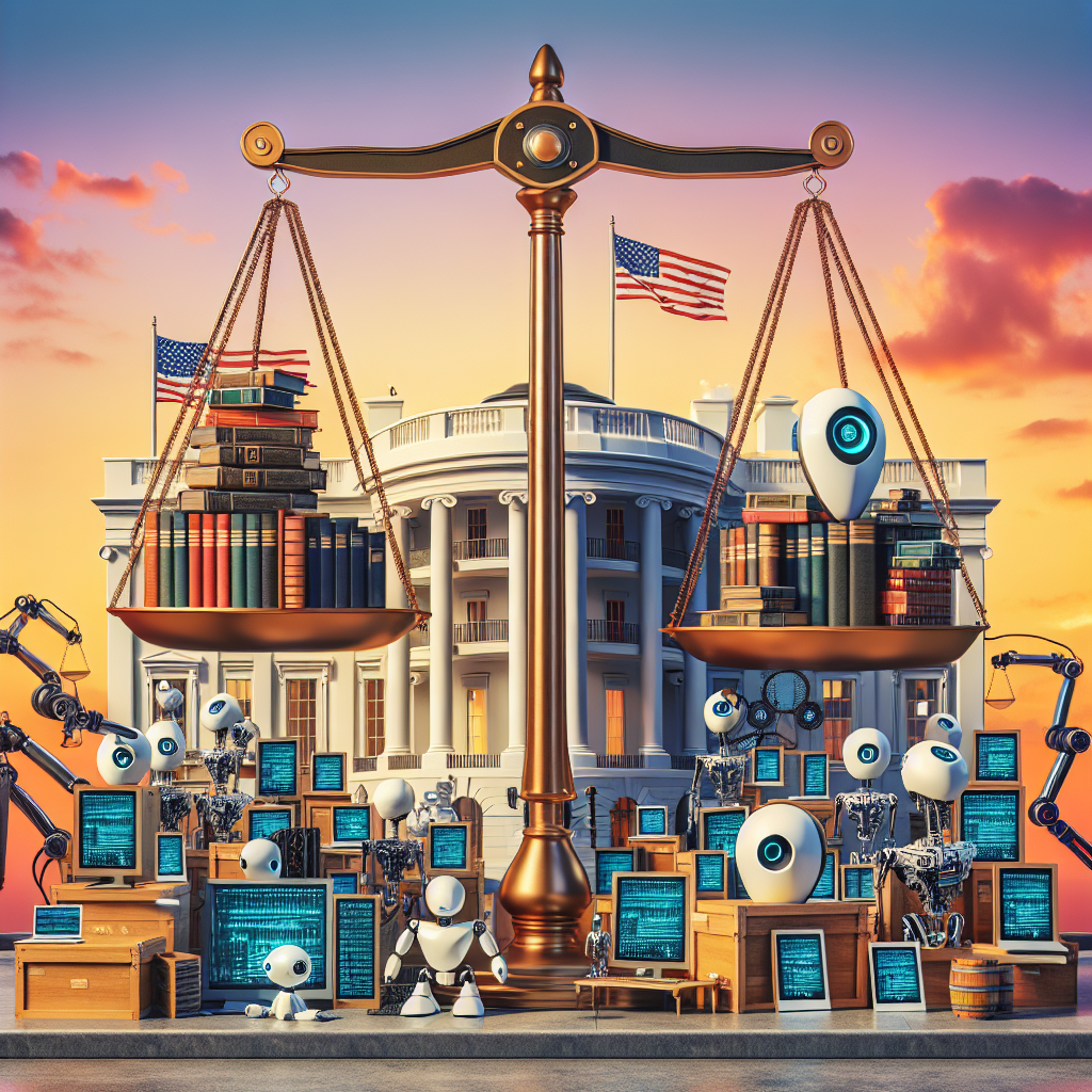 Show a scene representing the concept of government regulation on the artificial intelligence industry. The scene should depict a symbolic representation of a government building, representative of the White House with American flag, and multiple AI robots involved in various industry related tasks such as data analysis, robotics manufacturing, and machine learning models. Also show a large balance scale symbolizing the balance between implementation and regulation with one side loaded with books and legal documents symbolizing laws and the other side with technologic tools. Make sure the sky has a sunset as a symbol of change.
