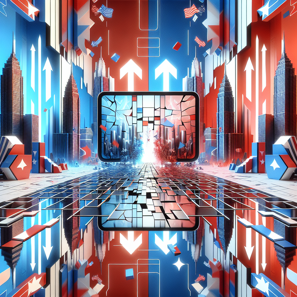 An abstract metaphorical representation of the tech tensions between two world powers visualized as symmetrical digital landscapes mirroring each other, with skyscrapers on both sides symbolizing technological advancement. In the center, imagine a giant screen displaying a broken dance video, signifying the app TikTok. The screen is surrounded by opposing arrows reflecting the conflict and hints of red, blue, and white in the environment to indicate the nations involved without featuring any specific flags or symbols.