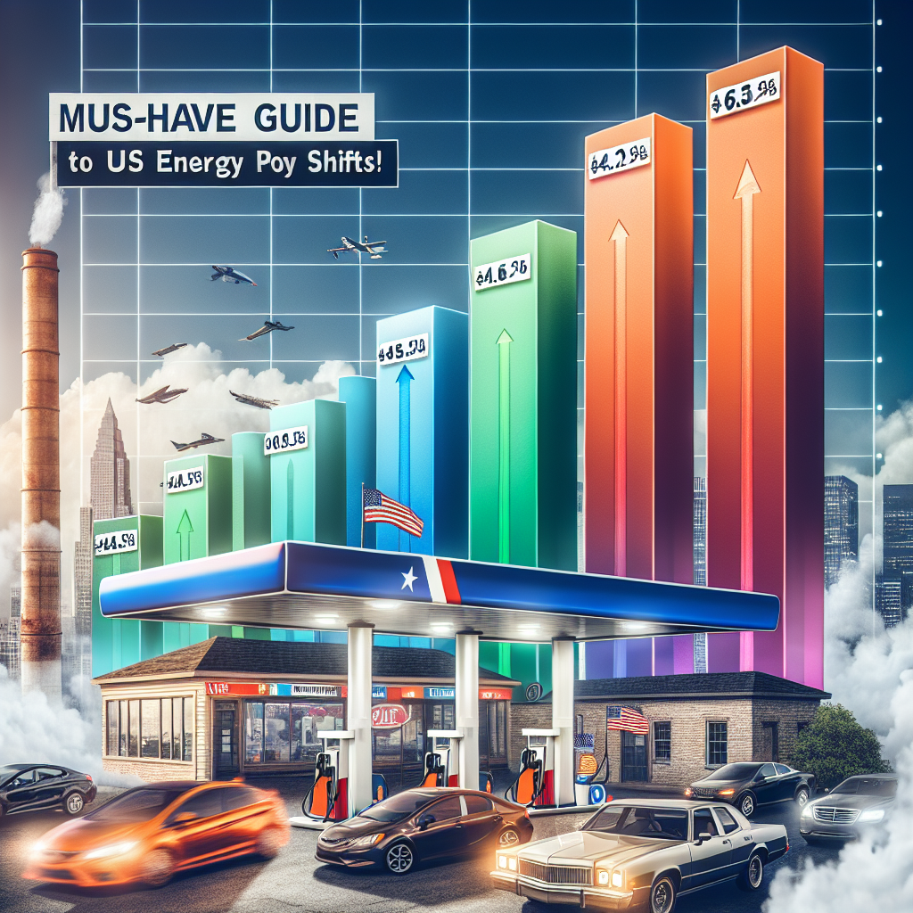 Create an image demonstrating the concept of rising gas prices. Display a traditional gas station in the foreground, with fuel prices shown dramatically high on the station's signpost. Embed a bar graph next to the station, where each bar represents different types of energy sources, and their heights indicating their costs, with petroleum marked noticeably high. Include a diverse array of car models reflecting different levels of fuel efficiency driving in the background. Overlay the scene with a header text that reads: 'Must-Have Guide to US Energy Policy Shifts'. Set this all against a backdrop of an American city skyline to signify the US context.