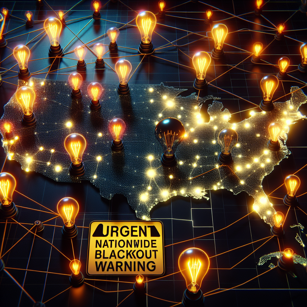 An image of a network of glowing light bulbs, representing a power grid, spread across the map of the United States. Connected by a lattice of thin lines symbolizing electrical cables, some bulbs are vibrant, some flickering, and a large portion of the bulbs in the middle are out, showing a blackout. Accompanying the image is a warning sign in bold letters stating, 'Urgent Nationwide Blackout Warning'. The atmosphere feels tense, symbolizing the imminent danger of a power grid failure.