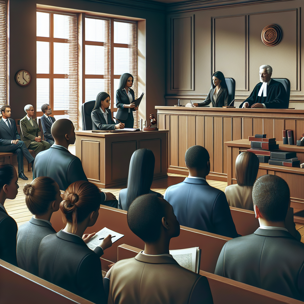 Picture a scene of a traditional law court with a judge, a Caucasian male prosecutor presenting evidence to a jury of multi-racial individuals. The room filled with anticipation. A defendant, a black male, in a suit listening to the proceedings with seriousness. A female lawyer of Hispanic origin, making notes. A witness, a South Asian female, is on the stand providing testimony. Observing the scene are a few spectators of diverse age and ethnicity sitting in benches.