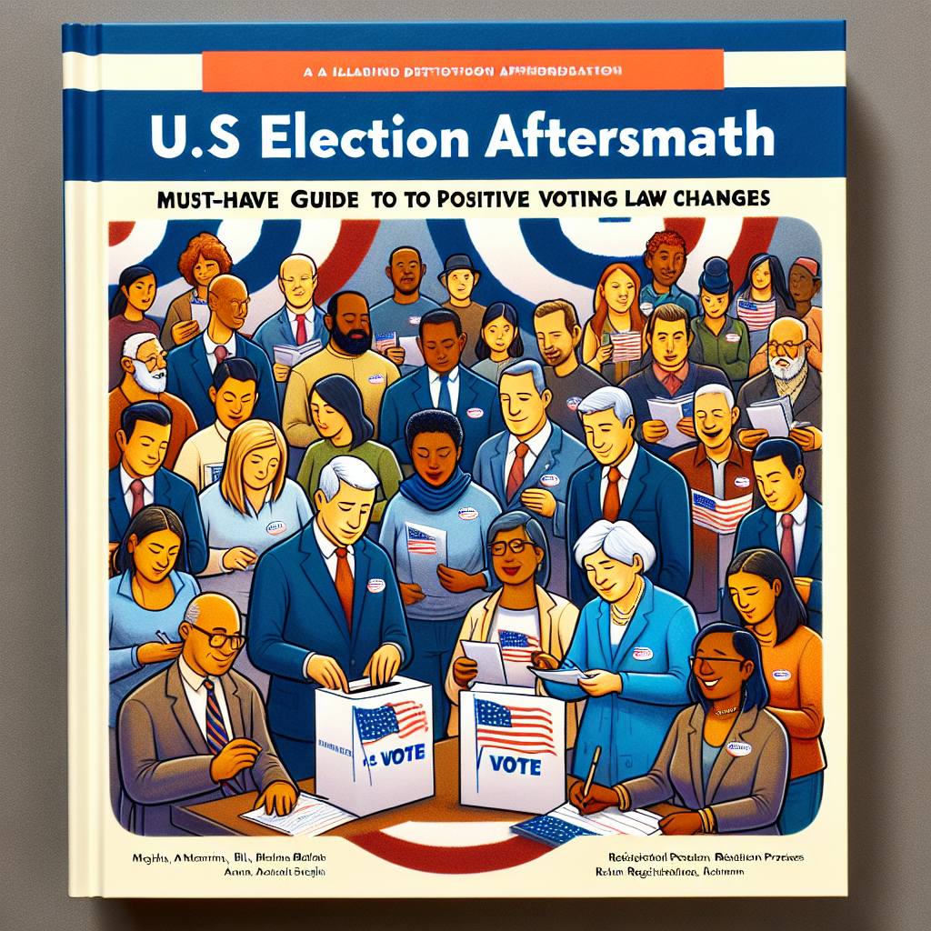 An illustrative guide book with a cover showing a diverse audience of voting citizens made up of Men and Women of Caucasian, Black, Hispanic, South Asian, and Middle-Eastern descent. Each individual is visibly participating in positive voting actions, like casting ballots, helping each other understand ballot language, or demonstrating registration processes. The title 'U.S Election Aftermath: Must-Have Guide to Positive Voting Law Changes' is prominently displayed on the cover.