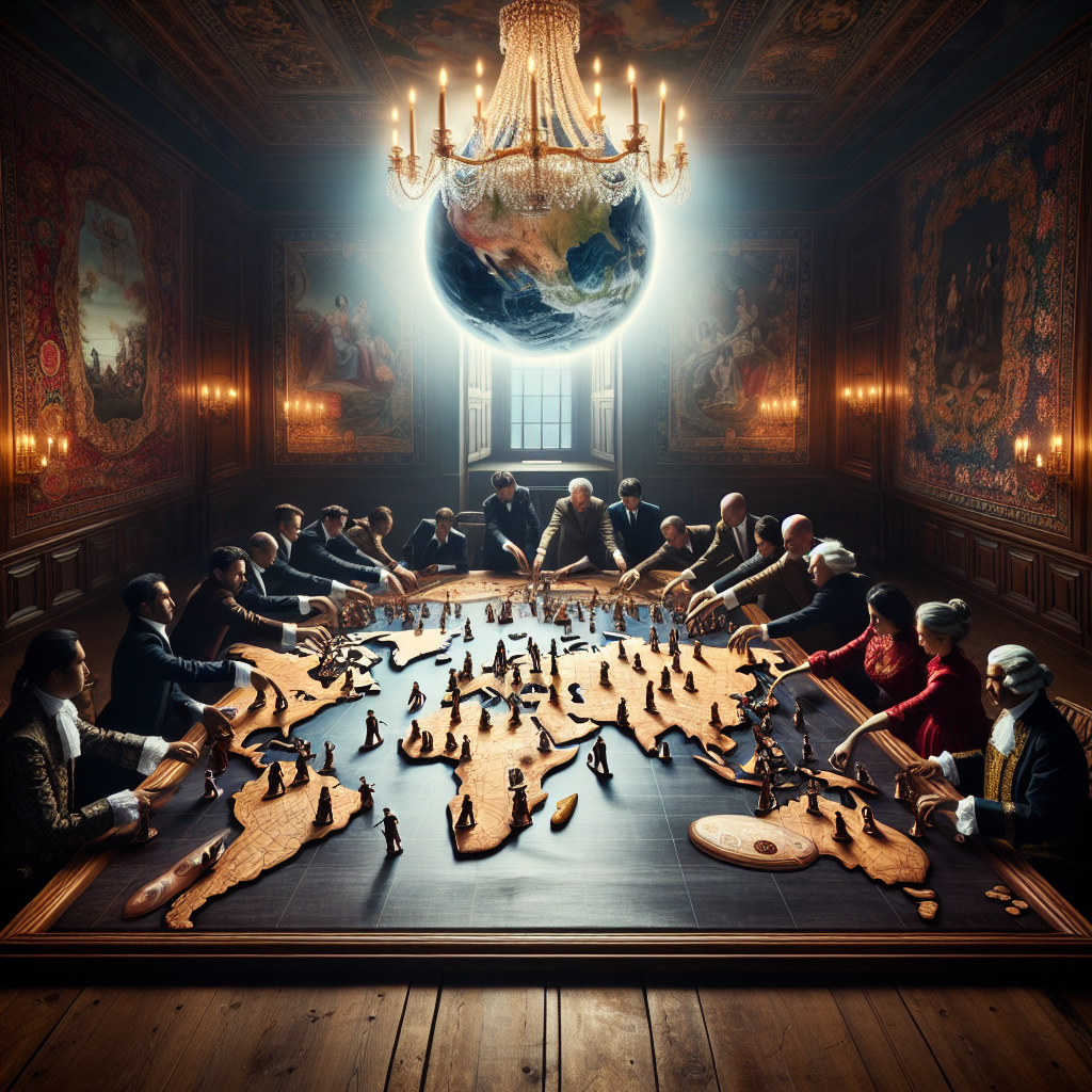 An elegant, swiftly dynamic scene unfolding on a massive wooden table in an aristocratic room, decorated with rich textiles from the 18th century. On the table, a detailed, intricately crafted map of the world, dotted with tokens symbolizing international forces. An array of hands from people of diverse genders and of Caucasian, Hispanic, Black, Middle-Eastern, South Asian, East Asian and Native American descents are seen placing, moving and removing tokens, signifying strategic negotiations. Above it all, a transparent globe, symbolizing global security, glows with a hopeful light.