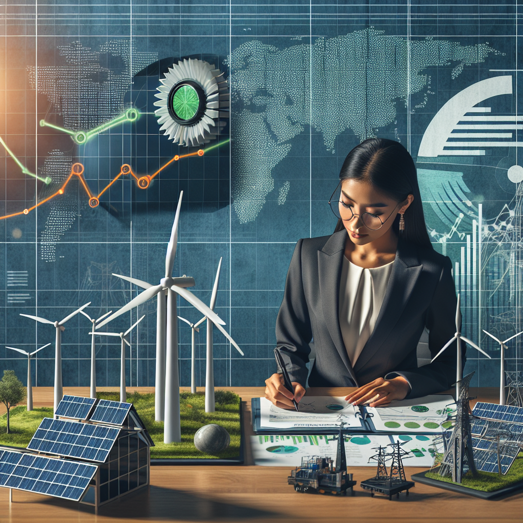 An image capturing the concept of clean energy investments. In the foreground, a South Asian female investor wearing business attire is sitting at a table, studying a blueprint of windmill turbines. On her table, there are models of solar panels and a hydroelectric dam. She's holding a pen and making notes on green legislation documents that contain strategies for climate change mitigation. In the mid-ground, a graph is seen on a large digital screen that shows an increasing trend of investment in renewable resources. The backdrop is a wall with a world map highlighting clean energy hotspots.