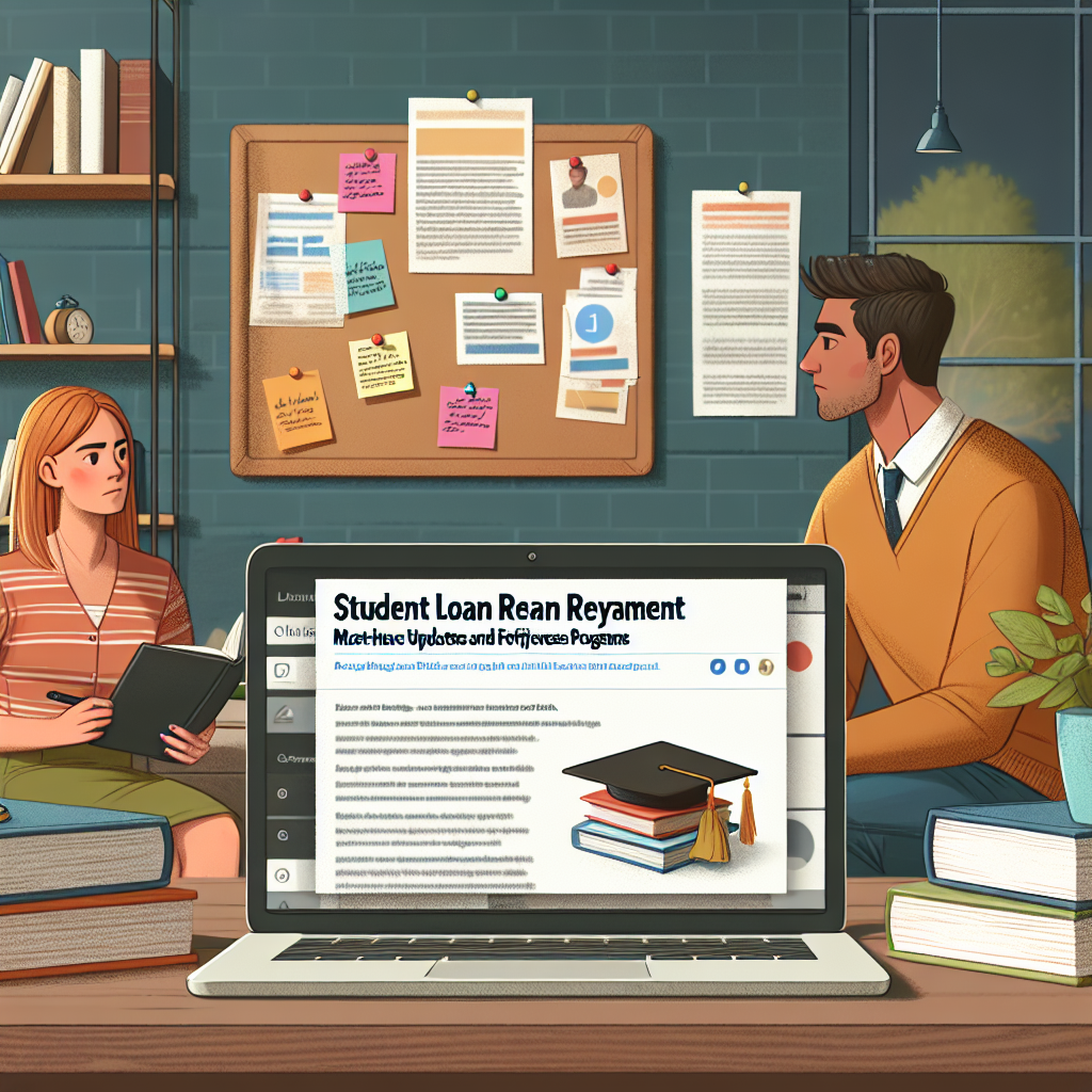 An image depicting a domestic setting with a stack of educational books in one corner, a laptop on the desk displaying an article titled 'Student Loan Repayment: Must-Have Updates and Forgiveness Programs'. Nearby, a caucasian woman and a middle-eastern man, both in their mid-twenties, are discussing the article. In the background, a corkboard with several sticky notes detailing key points from the article. An atmosphere of seriousness and optimism is palpable.