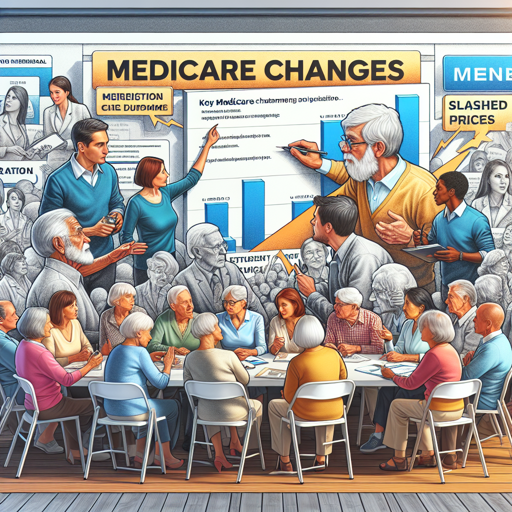 A detailed scene depicting a diverse group of elderly individuals of various descents like Caucasian, Hispanic, and Middle Eastern, engrossed in a lively discussion about healthcare policies. Some of them are studying a large banner that summarizes key Medicare changes, while others are exchanging ideas and writing down notes. In the background, there's an illustrative chart displaying a significant decrease in healthcare costs, giving an impression of slashed prices. The setting conveys the idea of an informative, collaborative environment.