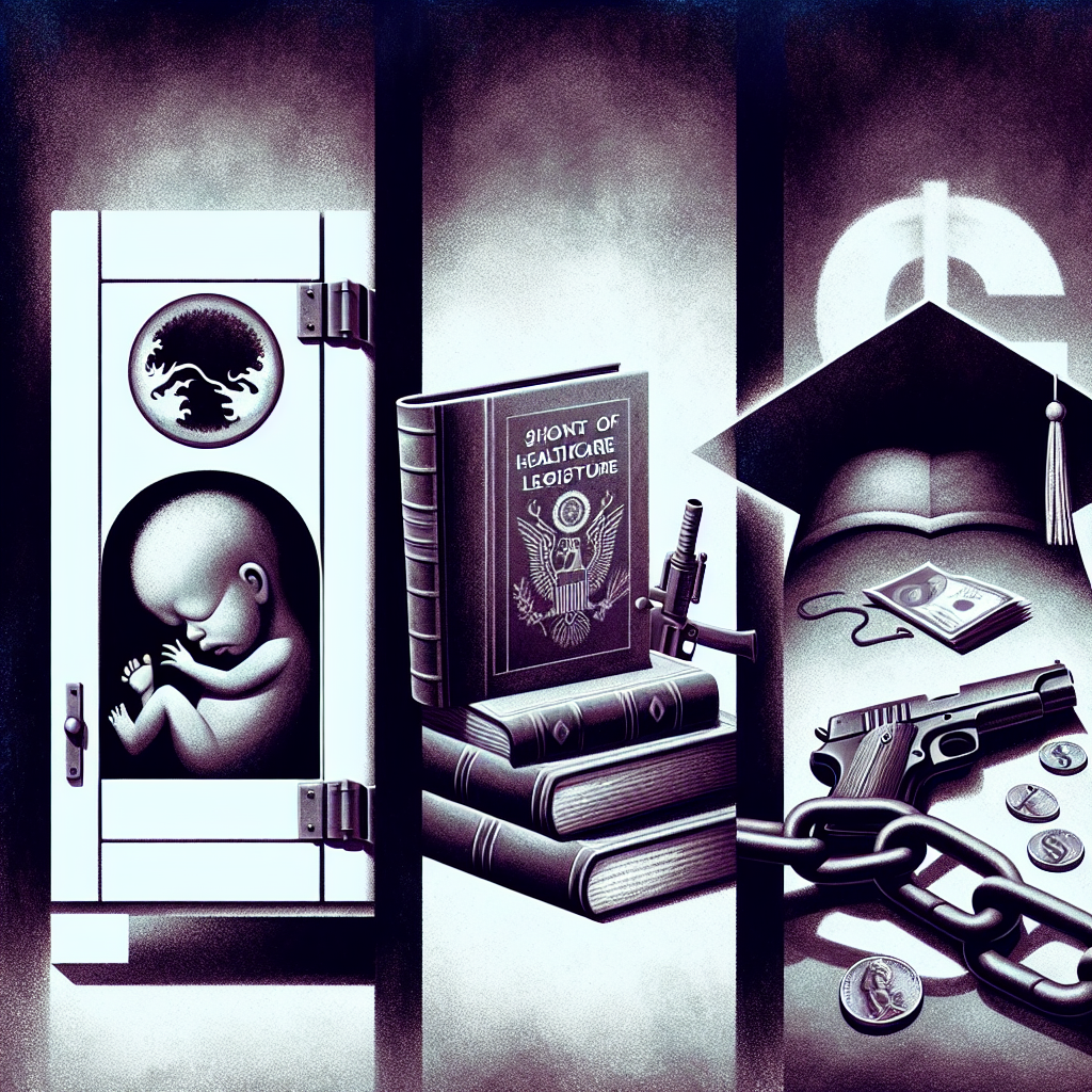 Create a detailed, symbolic illustration encompassing three distinct elements: a representation of healthcare - an emblematic safe, precisely painted, with an abstract fetus inside; a representation of legislature - a thoughtful image of an old, weathered tome, with an enigmatic shadow of a handgun on the cover; and a representation of education and debt - a powerful image of a diploma tangled in chains, with an overwhelming shadow of a dollar sign looming over it. The scenes should be reflecting a thoughtful and grave atmosphere, capturing the criticality of the related Supreme Court decisions.