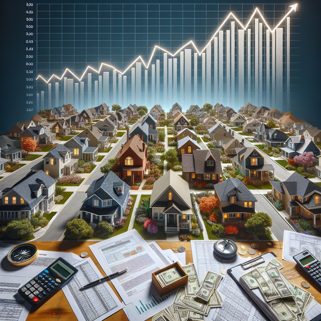 Visualize an intricate and detailed image representing the US housing market crisis. The image could comprise a sharply rising line chart symbolizing increasing mortgage rates that cuts through a backdrop of rows of American suburban houses. The houses should depict a variety of architectural styles and neighborhoods, emphasizing the broad impact of this crisis. Close to the houses, place a compass and a map, symbolic of navigation through the crisis. To further signify the complexity of the situation, scatter various financial documents such as bank statements, contracts, and bills on the ground beneath the suburban scene.