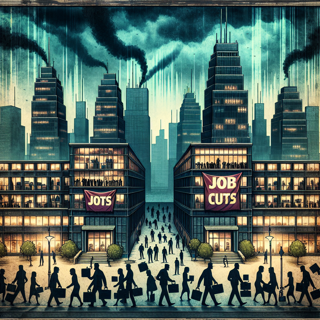 Visualize a grungy cityscape under a stormy sky. In the foreground, there are four colossal headquarters for fictitious tech companies, each with unique architectural elements. A banner with the words 'Job Cuts' waves from each building. On the streets below, silhouettes of variously attired people representing a diverse group of tech professionals walk off, visible in the gloomy twilight. They carry boxes filled with work stuff like laptops, desk plants, and office items. Frame the entire scene with a border, and at the top, include the words 'Tech Layoffs: Shocking Reality' in bold style.