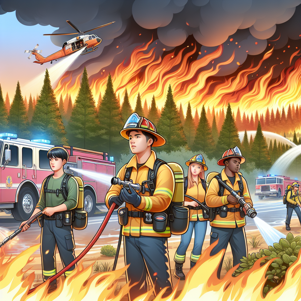 Illustrate a scene representing the mitigation efforts during a severe heatwave-induced wildfire. In the foreground, show a team of diverse firefighters—an Asian male, a Caucasian female, and a Black male, each equipped with appropriate safety gear, staunchly battling the blaze. In the background, depict the fierce orange and red flames consuming a dense forest under the scorching summer sun. Sprinkle elements usually utilized during wildfire emergencies, such as firetrucks, fire hoses, and helicopters releasing water, across the scene. Also, incorporate citizens following safety guidelines like staying hydrated and keeping indoors.