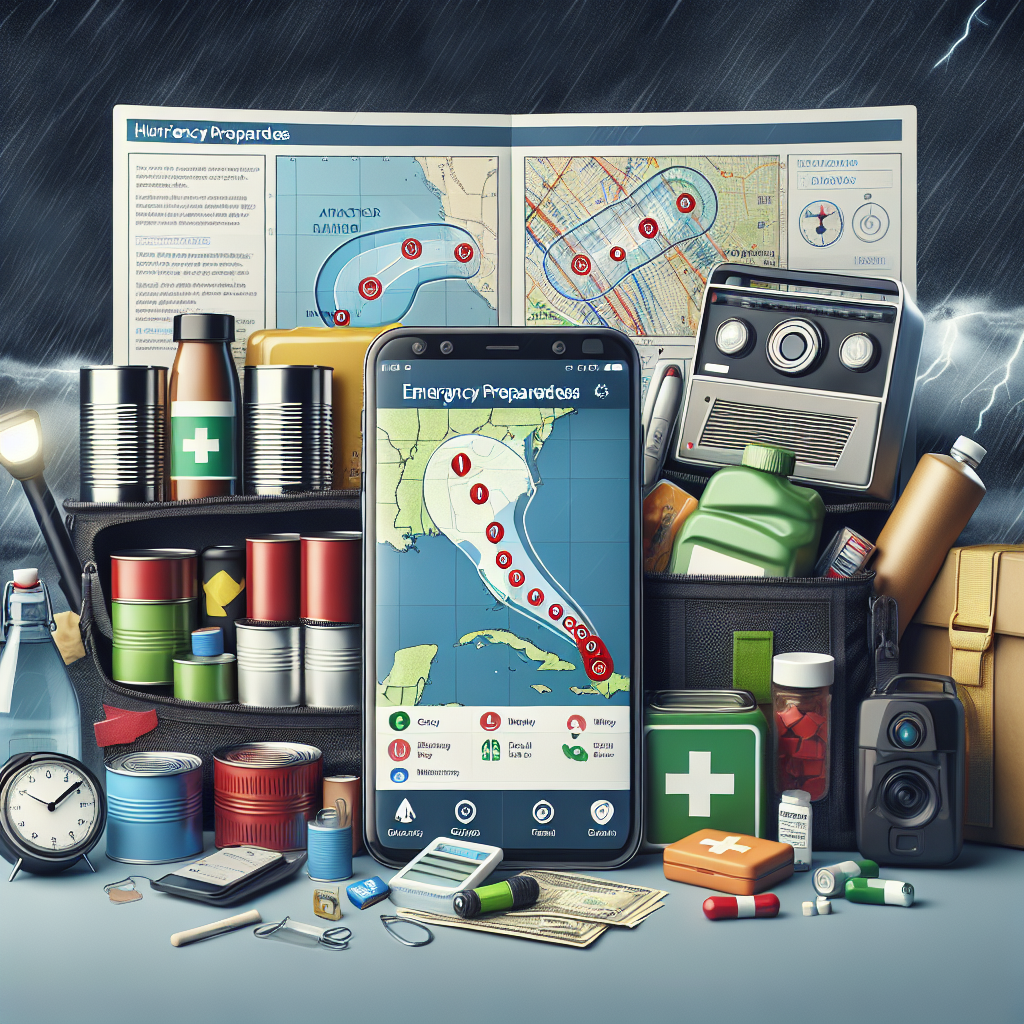 An image illustrating the importance of emergency preparedness for hurricane season. The scene includes various essential items for disaster preparedness such as stocked canned foods, fresh water, flashlights, batteries, a first aid kit, radio, and important documents sealed in a waterproof bag. Adjacent to the items, there is a smartphone application displaying real-time alerts for the incoming hurricane. The image evokes a sense of readiness and prevention, with a map in the background marked with storm paths to show the hurricane's potential direction.