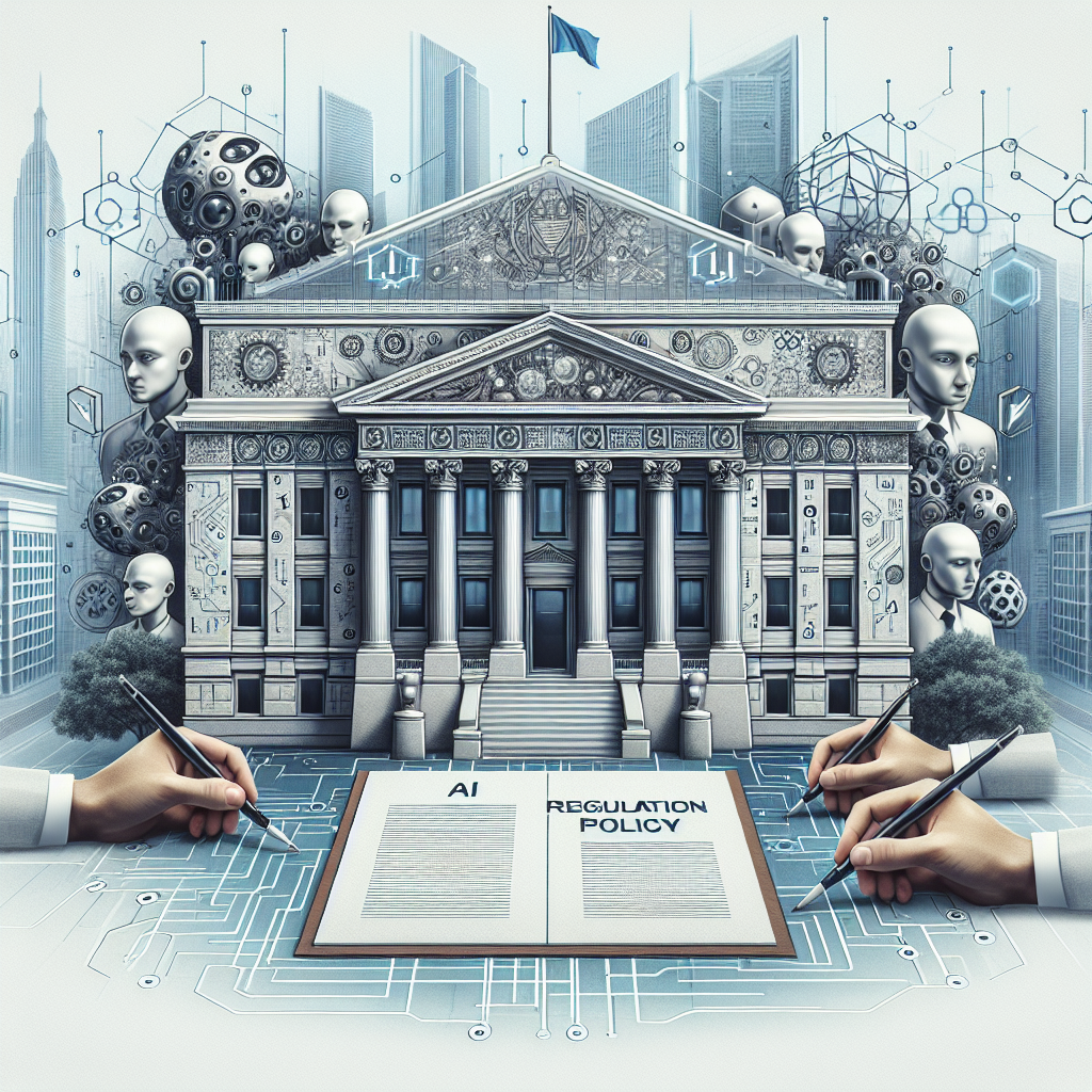 A detailed illustration of an impressive building, symbolizing authority and policymaking, amidst a backdrop of a clean, futuristic city. The building is emblazoned with hints of technical elements, like 1s and 0s, gears, and neural network patterns to represent artificial intelligence. Alongside this, a document with the title 'AI Regulation Policy' written on it is surrounded by a semi-circle of neutral hands, each holding a pen, ready to write, suggesting impartiality and collective effort. No specific flag or emblem should be visible on the building or anywhere else in the scene.