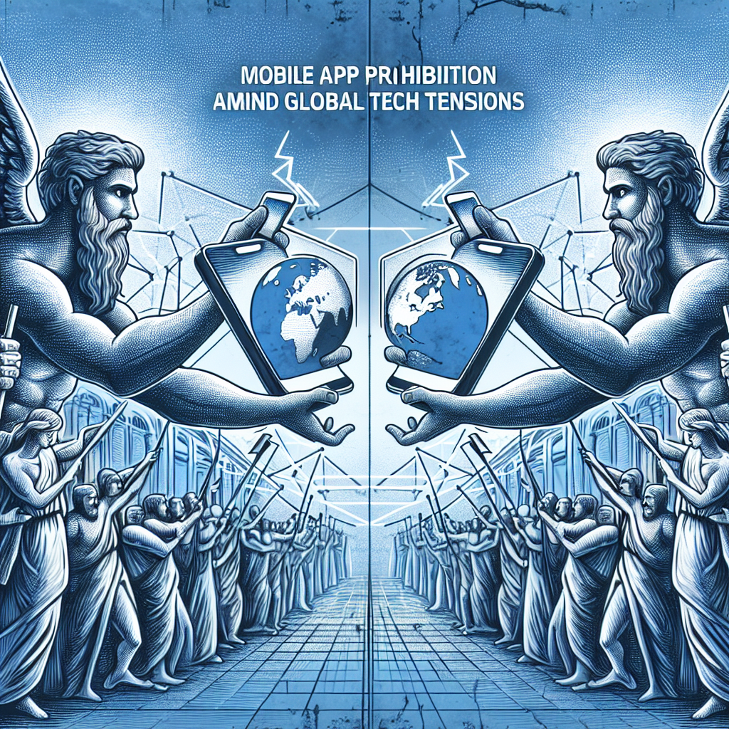 Visualize a representative image for an article focused on the discussion surrounding the potential prohibition of a popular mobile application amidst high-tech tensions between two global powers, symbolized by two allegorical figures holding up their respective technological devices in a challenging tableau. Carefully drawn text headlines read: 'Mobile App Prohibition Debate' and 'Top Strategies Amid Global Tech Tensions'.