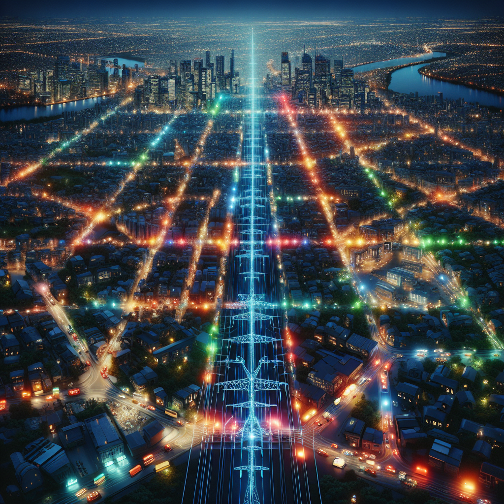 An expansive overhead view of a vast and detailed city at dusk with buildings, streets, parks, and rivers, industrially yet beautifully designed. The main grids are visibly interconnected by threads of colored lights symbolizing transmission lines. There is a noticeable divide in the city where the grid suddenly stops showing power with a stark contrast between the glowing and the dark parts. Emergency services vehicles with blinking lights, people with flashlights, and candlelit windows in the darkened portion suggest resilience, preparedness, and spirit of community. Captioned 'Power Grid Failure Risks: Must-Have Precautions for Nationwide Blackout Resilience'