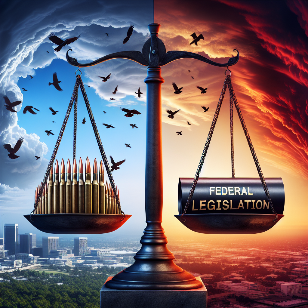A symbolic representation featuring a balanced scale with bullets on one side and a rolled legislative document labelled 'Federal Legislation' on the other. The background is split into two: half showing a peaceful cityscape under a clear sky, the other half revealing a darker, chaotic cityscape under a stormy sky. Near the horizon line, a sunset paints the transition point with profound hues. This contrast should highlight the tension between violence and peace, rhetoric and legislation. Make sure that the image invokes a serious and thoughtful atmosphere.