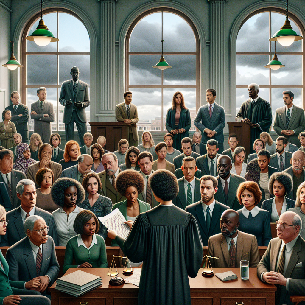 An image of a packed courtroom scene, with individuals of various descents: White, Black, Hispanic, Middle-Eastern, and South Asian. A neutral judge, a South Asian woman, is reading from a paper, presumably the riveting verdict. Lawyers, Caucasian man on the defense and a Black woman on the prosecution, seem tense. The jury, consisting of people of mixed racial backgrounds and genders, exhibit a range of emotions. Outside the oversized windows, it's a stormy day, implying the gravity of the situation. The room is filled with old-fashioned wooden furniture and green lamps, denoting a classic American courtroom.