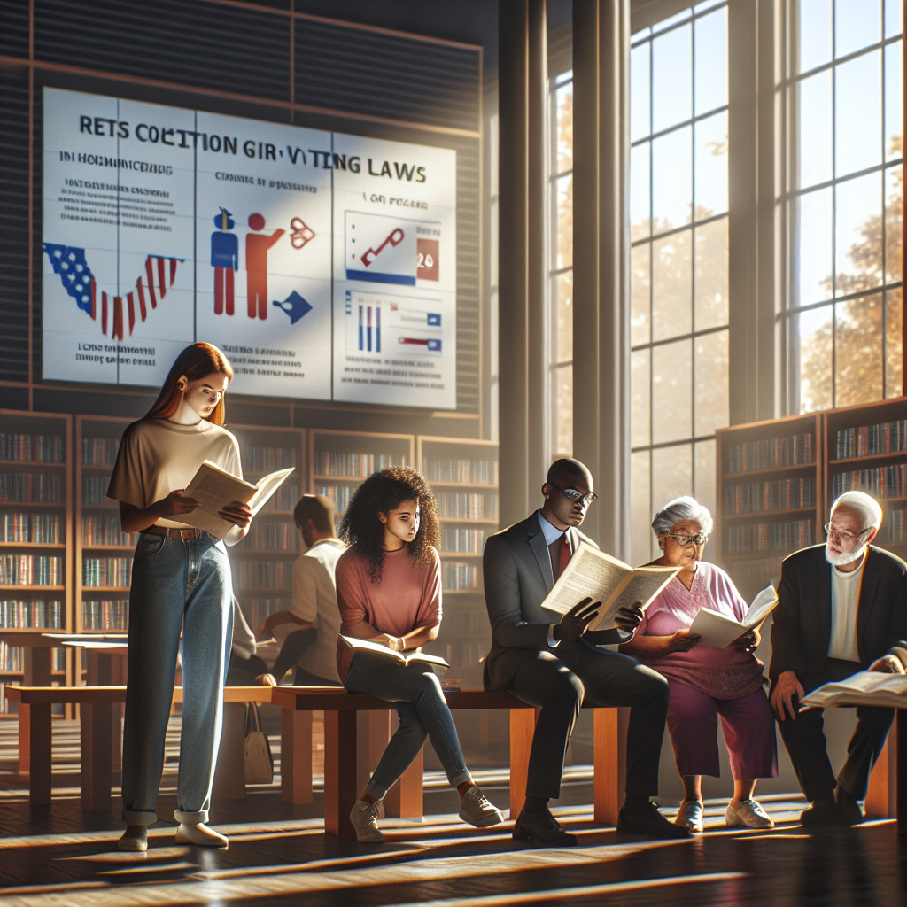 A scene in a public library, bathed in warm sunlight filtering through tall windows. There are diverse citizens - Caucasian woman, Black man, Hispanic teenager and Middle-Eastern senior citizen - engrossed in reading documents about voting laws. Beside them, there's a wall of diverse books on judicial topics with a focus on voting rights. An infographic on a large screen illustrates recent changes in voting laws. The tranquil ambiance fosters a sense of community engagement and individual empowerment.