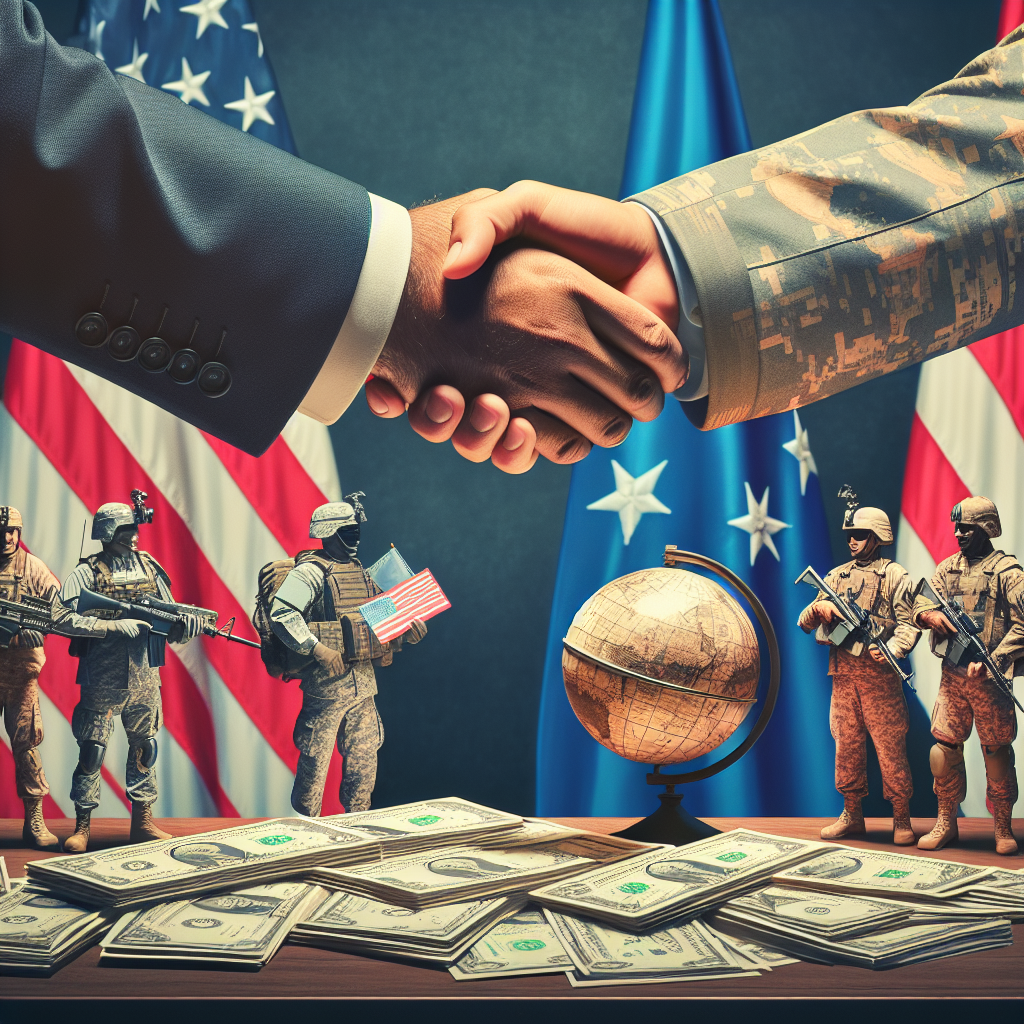 A detailed image depicting an unidentifiable government official shaking hands with an unidentifiable military personnel in a formal setting representing an agreement. Money, symbolizing aid, spreads out on a table between them. Behind them are two flags - one with stars and stripes, representing the United States, and the other a generic flag symbolizing an unnamed country. A world globe is present on the table depicting global reach. The scene conveys the concept of 'US Military Aid: Vital Global Security Commitments'.