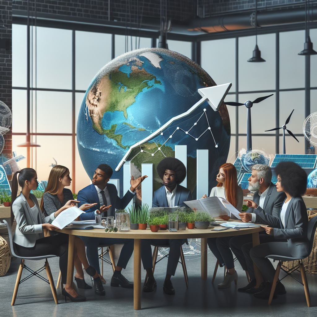 A graph displaying the rise of clean energy investments next to a pristine earth globe. A diverse group of people (Caucasian woman, Black man, Asian woman) are seated around a table, each with documents labelled 'Climate Change Legislation'. They are in serious discussion, pointing at the legislation while contemplating strategies. In the background, there are desirable elements of clean energy such as solar panels, wind turbines and electric cars. The setting is modern and eco-friendly, with recycled furniture and plants to signify sustainability.