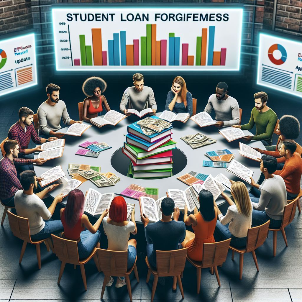 Picture this: a diverse group of college students from various descents, such as Caucasian, Black, Hispanic, Middle-Eastern, South Asian, seated around a large circular table. Each one of them is immersed in reading colorful brochures labeled 'Student Loan Forgiveness'. Stacked charts and graphs on the table show a notable decrease in student loan debt. Their relieved expressions suggest the effectiveness of the program. A large, glowing signboard in the background reads 'Effortless Repayment Updates' shining brightly.