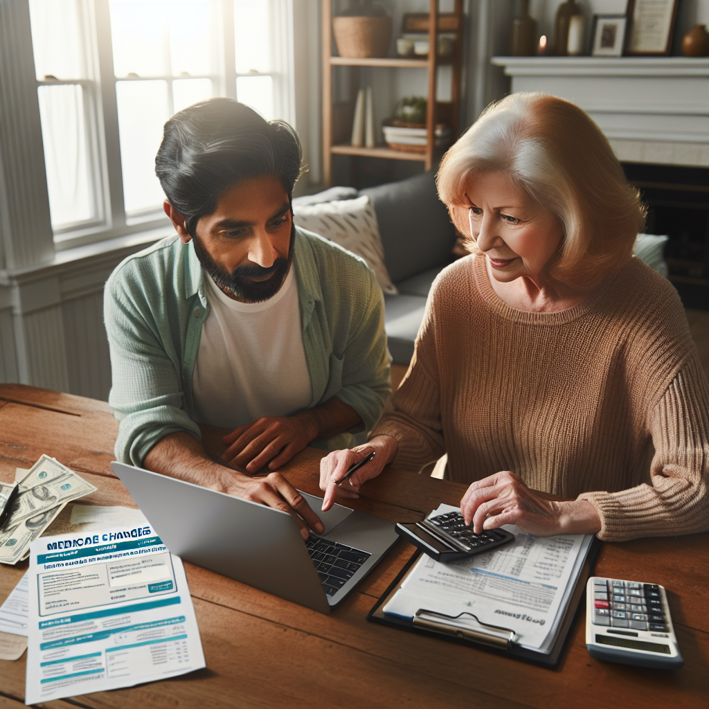 An elderly Caucasian woman and a South Asian man, both dressed casually and sitting at an oak table. They are in a quiet, comfortable living room, working together to navigate a webpage on a laptop. The webpage is about Medicare changes and offers tips for reducing healthcare costs. Nearby on the table, a notepad is open to a page filled with handwritten notes. Laid out next to the notepad are various medical bills and a calculator. Opt for natural sunlight entering through a large window to add a sense of homeliness and warmth to the scene.