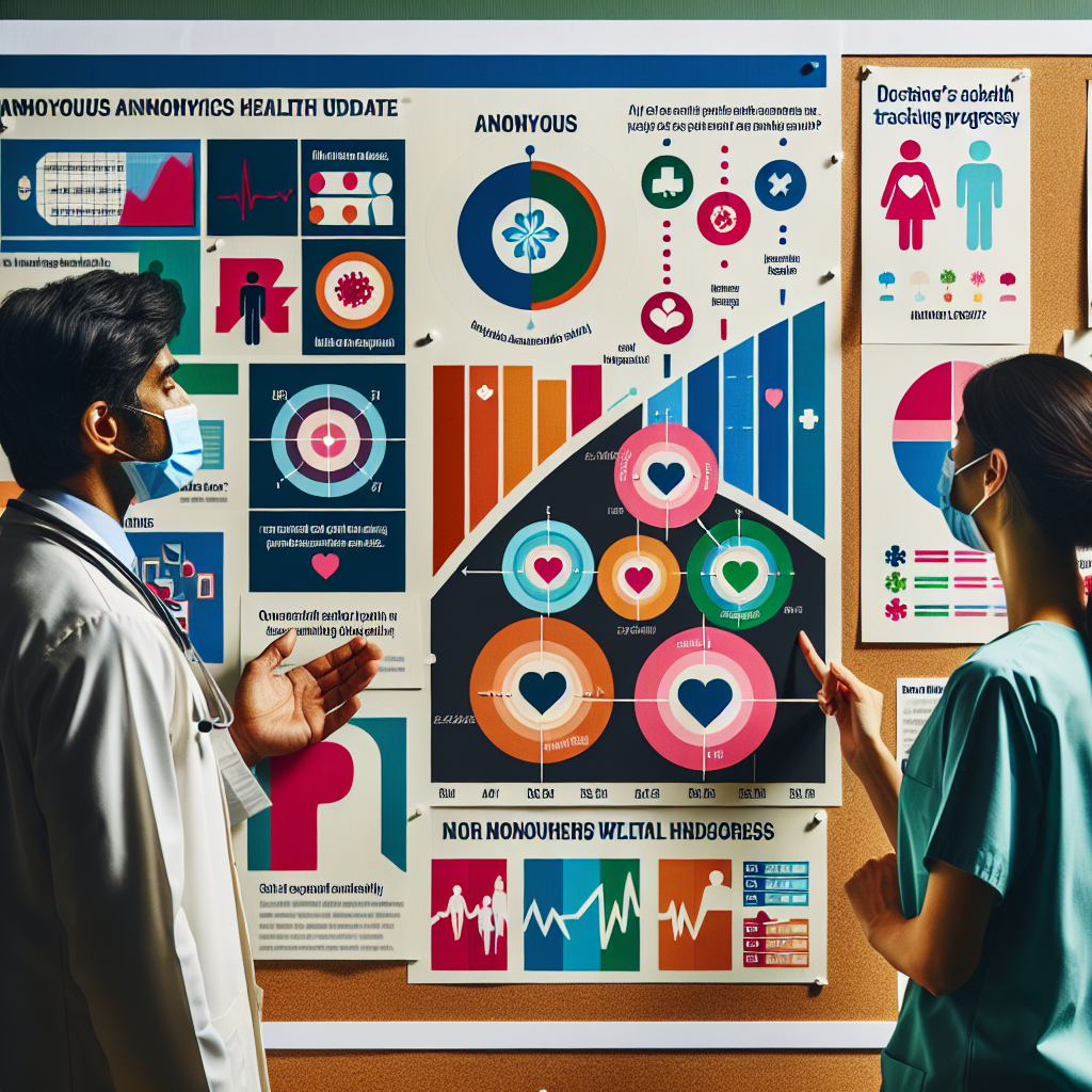An image showing a typical hospital bulletin board or health update chart with various anonymous health milestones graphically represented. There are motivating quotes about wellness and recovery, colorful charts tracking progress, and snippets of medical advice. In the foreground, a skilled doctor of South Asian descent and a Hispanic female nurse, both in professional medical attire, are discussing the charts and forming strategies for improved patient care.