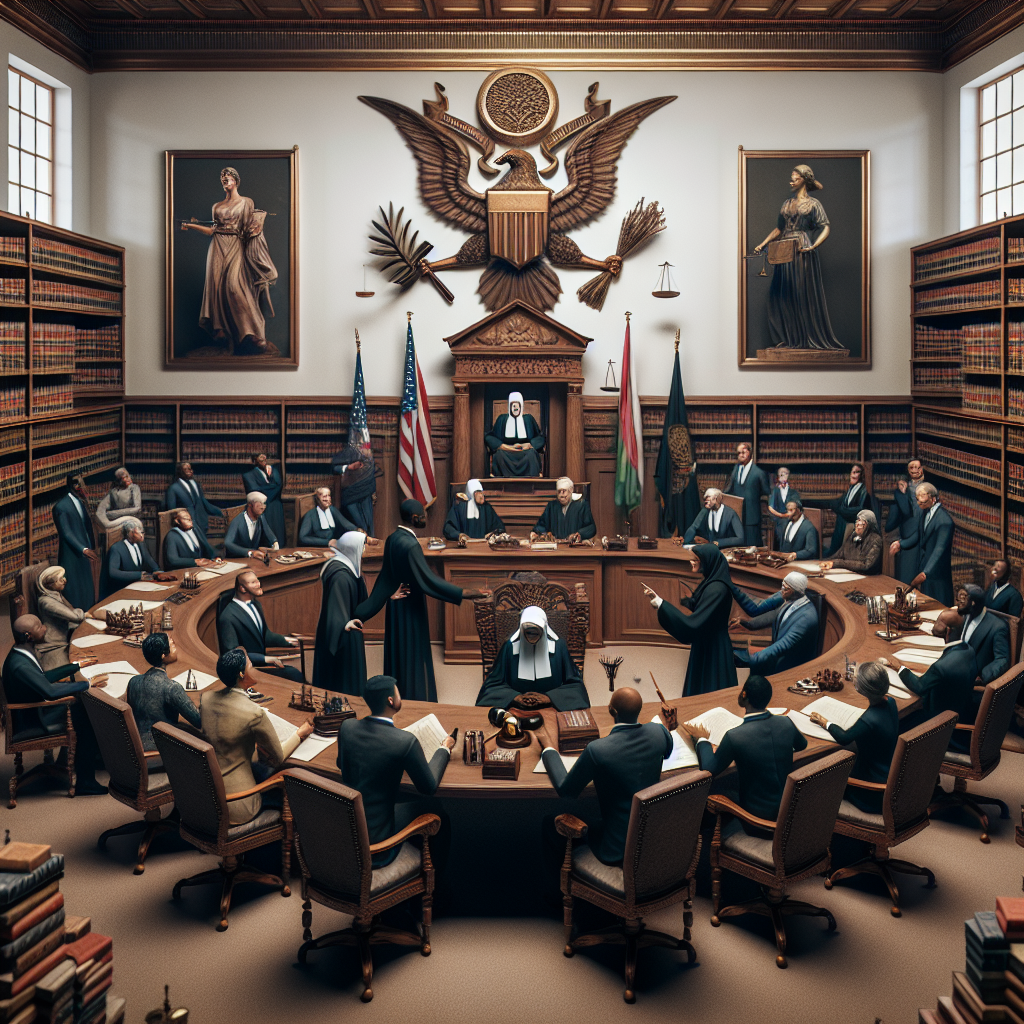 Create an image representing the governmental decision-making process in a democratic system. Depict individuals engaging in heated debate at a large, wooden oval table laden with documents, gavels and symbols of justice, such as scales or a blindfolded woman statue. The room has high ceilings, lined with bookshelves filled with legal texts. A grand, high-backed chair occupies one end of the table. On the wall behind it, create a picture of an eagle emblem representing an imaginary nation. The individuals around the table should display a range of genders and descents, including Caucasian, Black, Hispanic, Middle-Eastern, and South Asian.