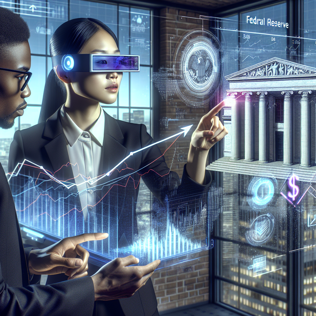 A futuristic-looking digital illustration showcasing two individuals analyzing data. The first individual is an Asian woman, equipped with 3D smart glasses, pointing towards a holographic display of complex graphs and charts. The second individual, a Black man, is intensely studying a holographic representation of interest rates, symbolized by an upward and downward arrow. Background elements include the symbolic representation of Federal Reserve with columns and a large dollar sign. The scene takes place in a modern office setting with large panoramic windows overlooking the cityscape.