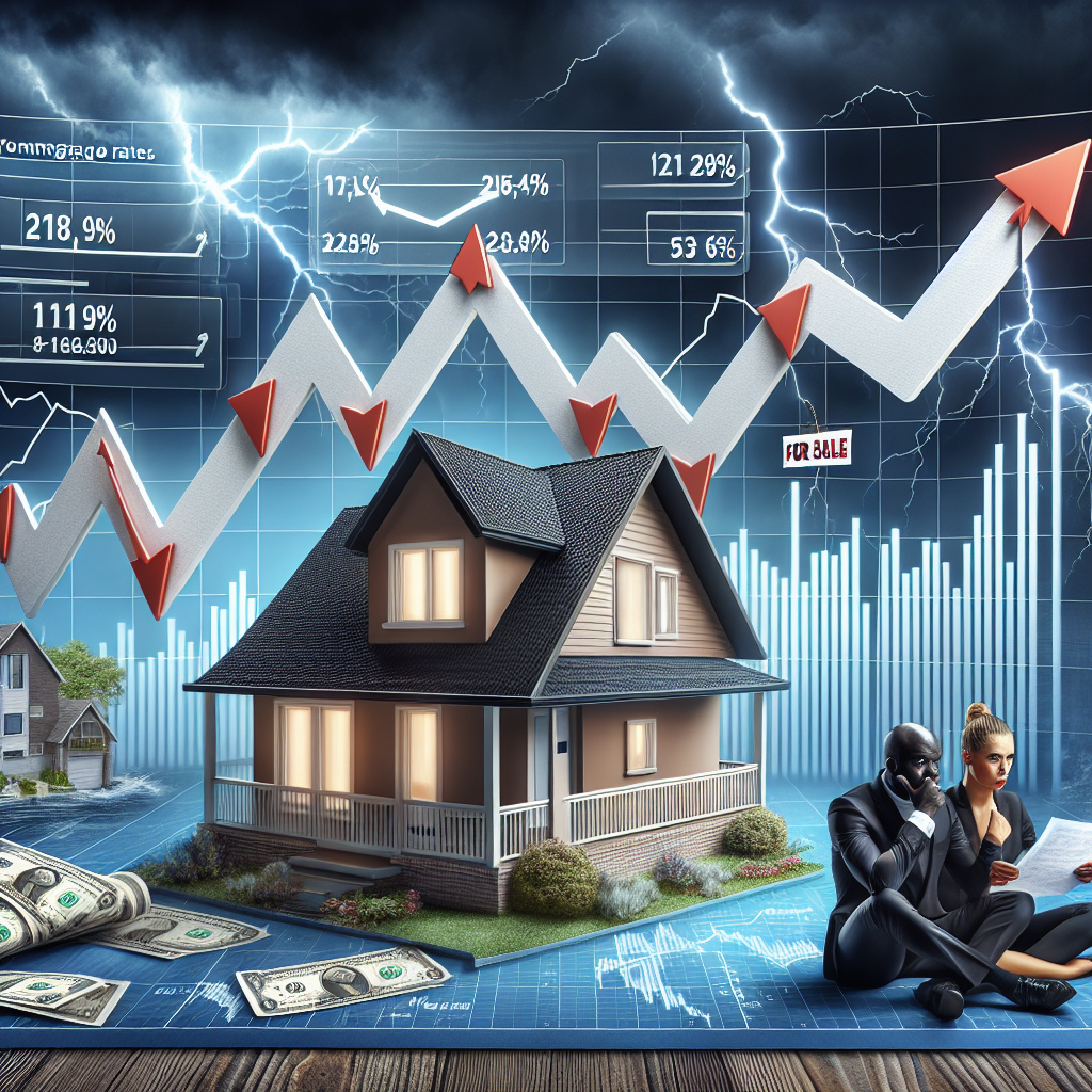 An informative and striking visual representation of the US housing market under stress due to rising mortgage rates. In the middle of the image, there's a bar graph depicting an upward trend in mortgage rates, represented by arrows going upwards. On the left of the bar graph, envision an aesthetically appealing house displaying a 'for sale' sign. On the right side, place a pair of anxious property owners, a Caucasian woman and a Black man, studying a complicated blueprint. In the background, let there be a stormy sky, reflecting the uncertain financial situation.