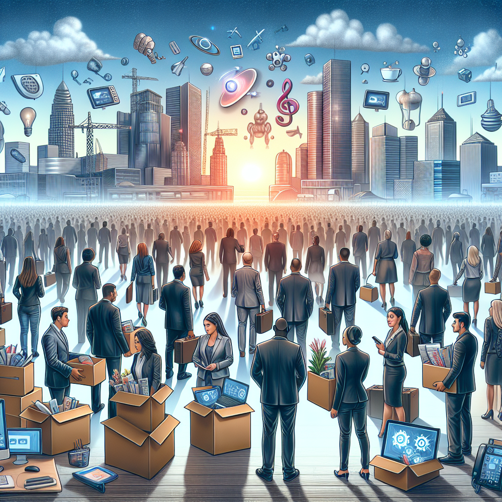 An illustrative visual scene that represents the event of tech layoffs in 2023. Picture a scope concept, with numerous diverse individuals, both men and women with various descents like Caucasian, Hispanic, Black, Middle-Eastern, and South Asian, carrying cardboard boxes filled with desk items and by their side various technology gadgets like laptops, phones, and tablets. Imagine their expressions to present a mixture of loss and hopeful anticipation. In the backdrop, create a bright horizon symbolizing new job opportunities with prominent symbols of thriving industries, such as medical technology, data science, app development, and renewable energy sources. Please ensure the visual tone is respectful and professional.