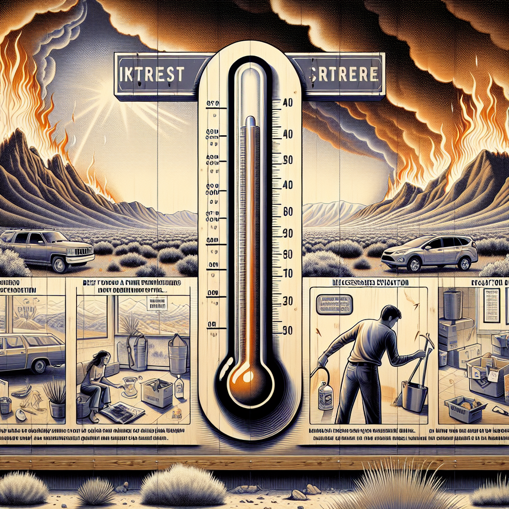 Visualize a scene depicting a soaring mercury thermometer against the backdrop of an intense, dry landscape typical of an extreme heatwave. Incorporate elements of an informative sign illustrating best strategies to cope with wildfires, such as an illustrated image of a person of South Asian descent and unspecified gender using a fire extinguisher on a small fire, keeping a safe distance from a massive wildfire, and packing necessary evacuation items in a car. Subtly contrast the sign's measured, prepared actions against the chaotic, threatening environment to underline the importance of planned responses in such emergencies.