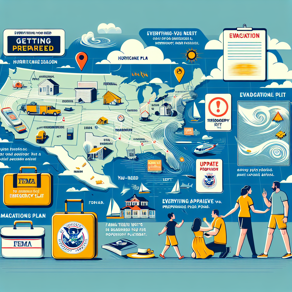 An informative illustration showing the various components and procedures for getting prepared for hurricane season, from a FEMA perspective. This could include conceptual elements such as a map of hurricane-prone areas, an everything-you-need emergency kit, a family discussing an evacuation plan and visibly apparent weather changes in coastal regions. The image should impart a mood of urgency, yet preparedness, and encourage individuals to follow emergency alerts and update their preparation plans.