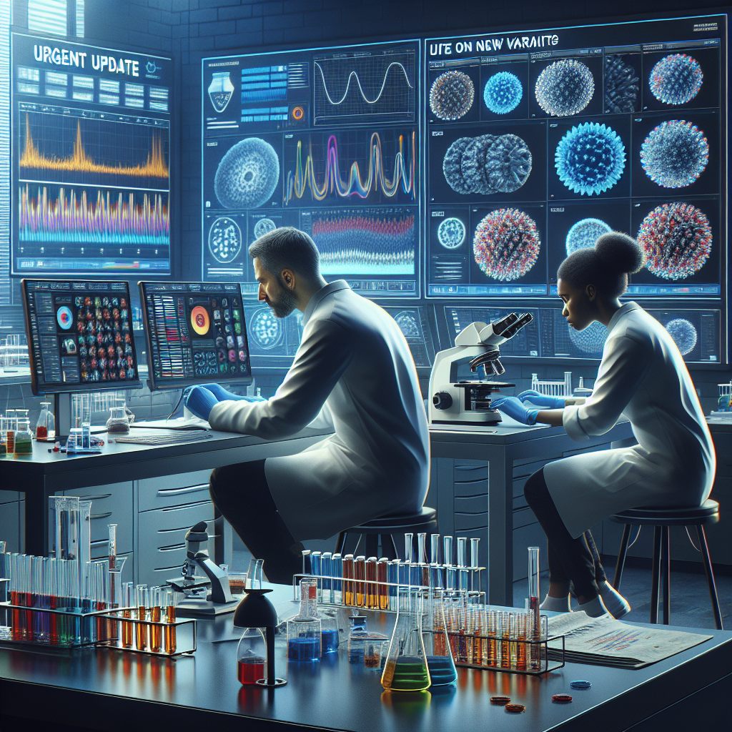 A detailed scene in a research laboratory environment. Two scientists of varying descents, one a Caucasian male and the other a Black female, are deeply engrossed in their work. They are studying data shown on computer screens, which display series of multi-colored graphs associated with virus strains. Beside them on the lab bench are microscope, petri dishes and test tubes containing specimens. In the background, a large monitor screen displays the text 'Urgent Update on New Variants'. The overall atmosphere is serious and focused, but there is a sense of urgency and determination.