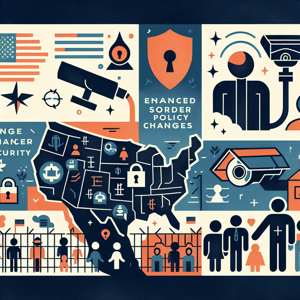 An informative illustration encapsulating the theme of US immigration policy changes. Depict four significant elements: a detailed map of the US with a focus on the southern border, symbols representing policy changes, a metaphor of enhanced security such as a strong lock or CCTV camera, and figures symbolizing immigration - perhaps a diverse range of individuals grouped together. Keep the image respectful, using neutral and factual symbols. Add a caption that reads 'US Immigration Policy Changes: Must-Have Updates for Enhanced Border Security'.