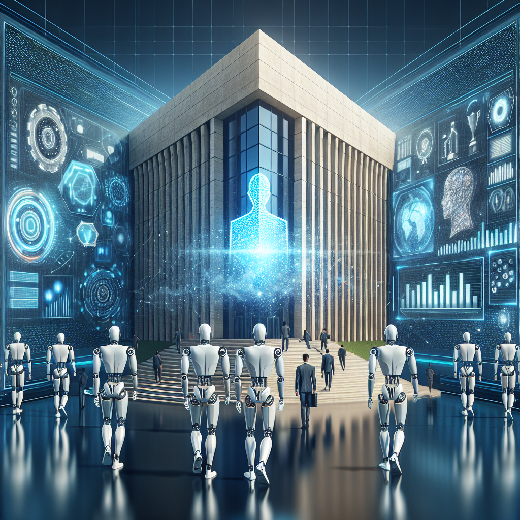 A dynamic image depicting the concept of artificial intelligence integration in policies. This image should include an abstract representation of a governmental building, without referring to any real governmental architecture. In front of the building, show a large modern electronic screen with AI-inspired digital designs, infographics, and statistical data. Showcase humanoid robots and humanoid AI entities coming out, signifying the implementation of Artificial Intelligence in policies. Ensure this image connects the concept of technology with decision-making to convey policy insights.