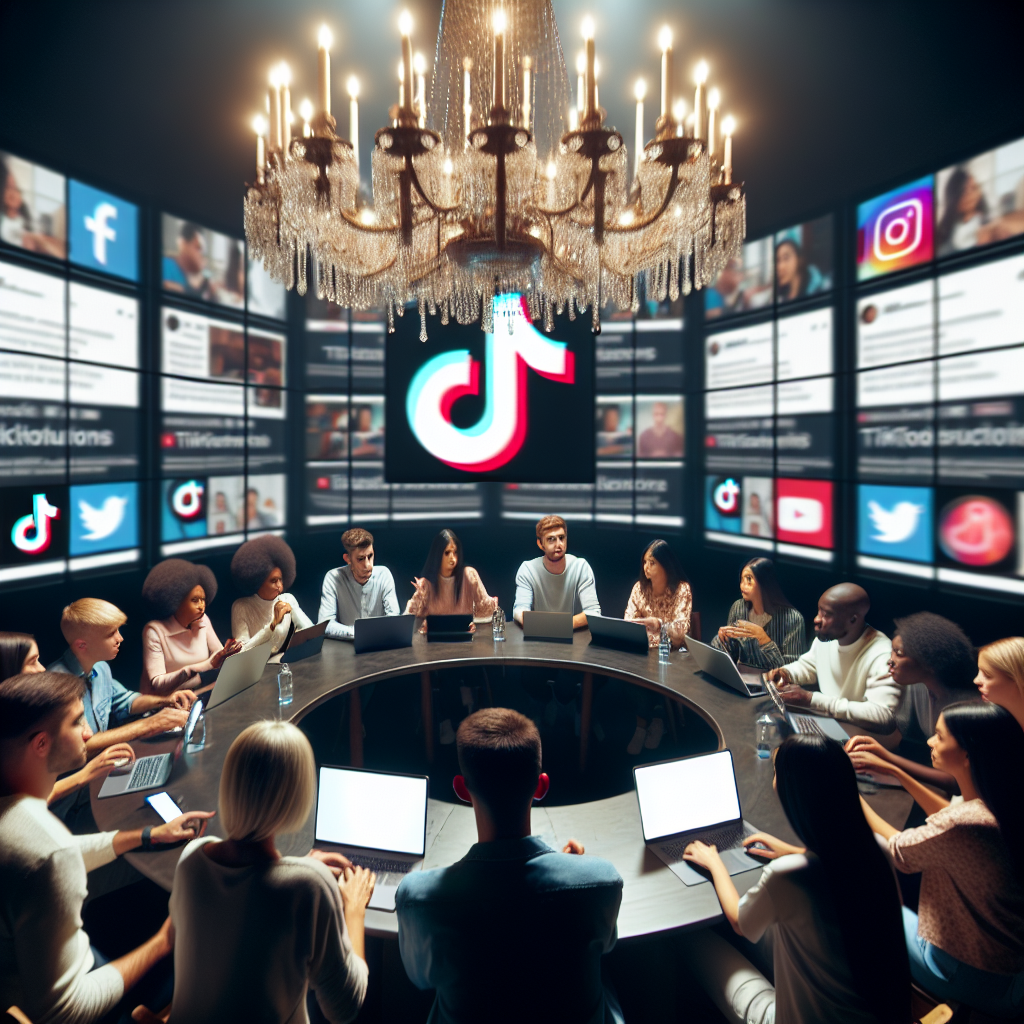 A large round table discussion under a brightly lit chandelier. Around the table, individuals of varying descents and genders - Caucasian male, Black female, Hispanic male, Middle-Eastern female, South Asian male and White female - are engaged in a vibrant discussion. They're using laptop computers, tablets and smartphones showing TikTok logo blurred out. The atmosphere is one of tension but also focus. On the wall behind them, a large digital screen is displaying various news headlines regarding social media restrictions, providing additional context to the ongoing debate.