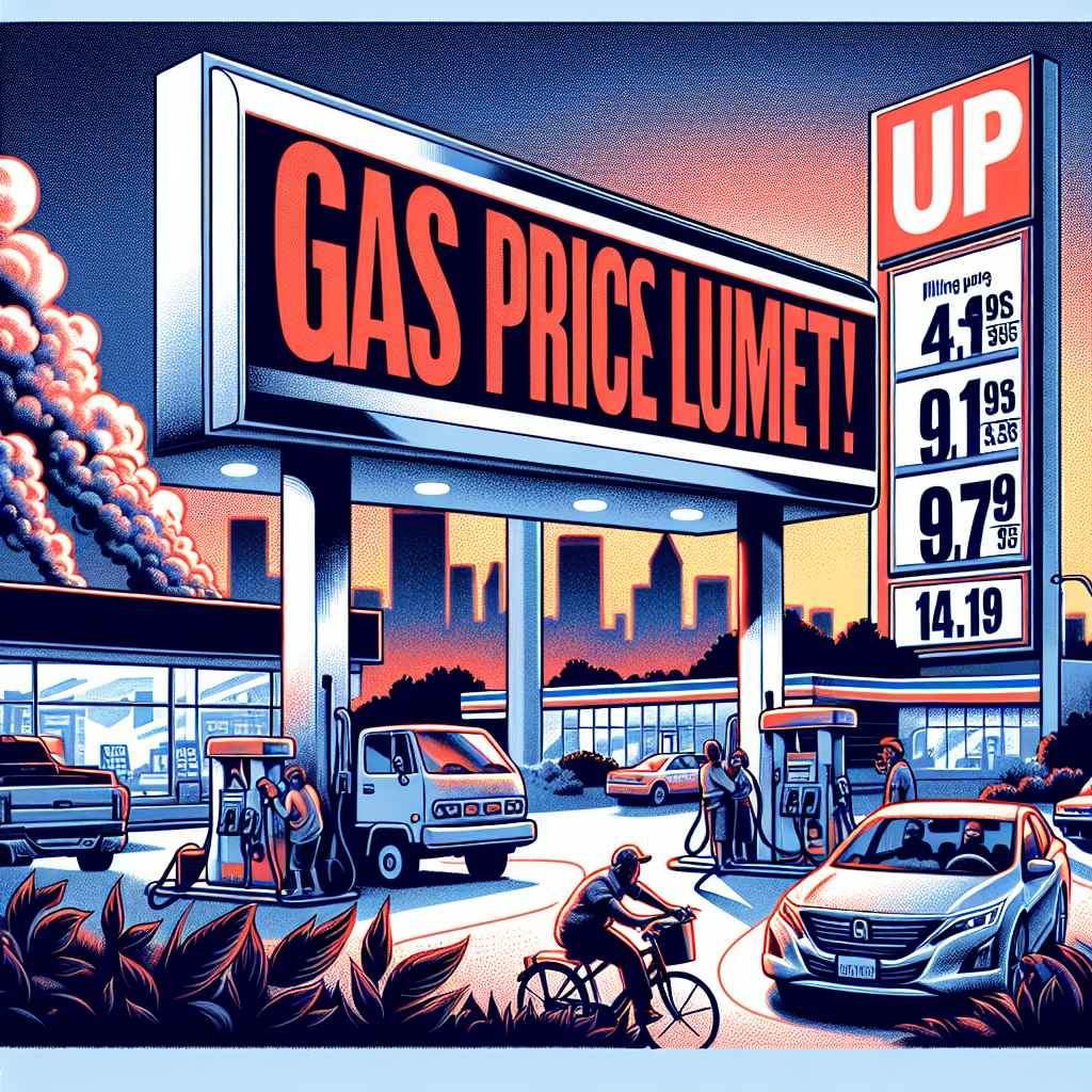 An illustration of a large, bold banner headline of a newspaper exclaiming 'Gas Prices Plummet!' Below this headline is a photo of drivers at a bustling gas station, happily filling up their cars. In the background, a massive and lower numeric value on a gas price digital display board which was once high. And to balance the composition, a distant city skyline bathed in the glow of a sunset, symbolizing the evening of a new era following the US Energy Policy Overhaul.