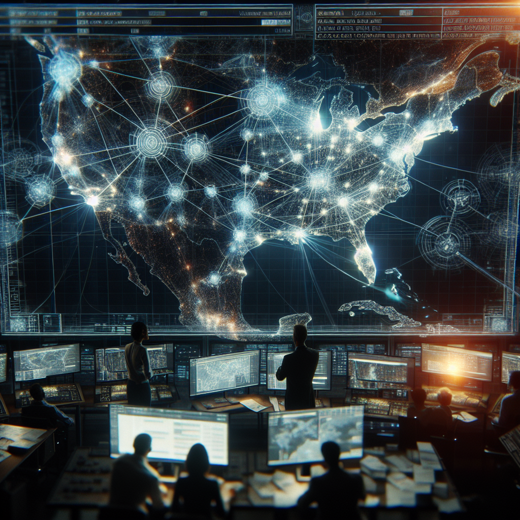 Visualize a complex power grid represented as a network of glowing lines and nodes spread across a map. The power grid is seen to be intricately linked, symbolizing a nation's electricity infrastructure. Certain nodes and lines are ominously flickering, indicating potential system failures. Nearby, a group of engineers, consisting of a Caucasian female and a Hispanic male, are huddled around a large monitor showcasing a digital simulation of the power grid. They're analyzing the data, brainstorming ways to counter these imminent disruptions and enhance the grid stability. The scene is set in a technologically advanced command center.