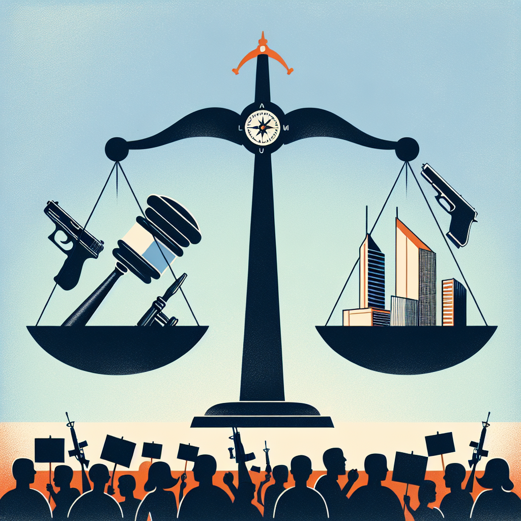 An abstract representation of government policymaking for the control of firearms as a measure to prevent gun violence. Envision a scale balancing two items: on one side, a silhouette of a hand holding a gavel, symbolizing legislation, and on other side, a model of a city skyline indicating civil society. Above the scale, depict a compass pointing towards a safer direction, representing a hopeful future. Below, show a crowd with various ethnicities and genders demonstrating in a peaceful manner, holding banners advocating for changes in gun control laws.