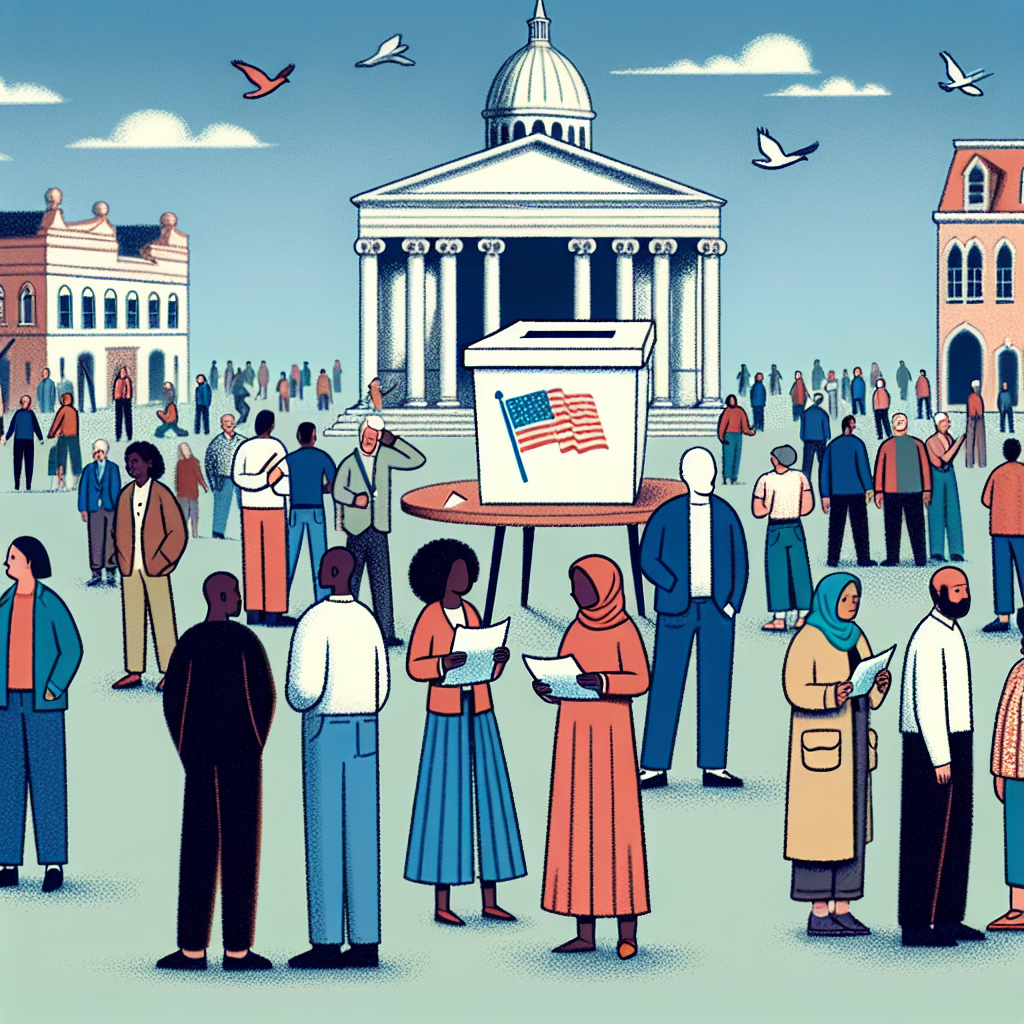 Illustration for an article discussing improvements to democratic voting laws in the United States. It's the aftermath of an election and people of diverse ethnicities including Caucasian, Black, Hispanic, Middle-Eastern, and South Asian are coming together peacefully. They're in a town square, under a clear sky. Some individuals are discussing amongst themselves while others are reading documents labelled 'New Voting Laws'. There's a depiction of a ballot box at the center, a symbol of the democratic process. In the background are classical architectural buildings. The scene suggests optimism and a collective pursuit of improvement.
