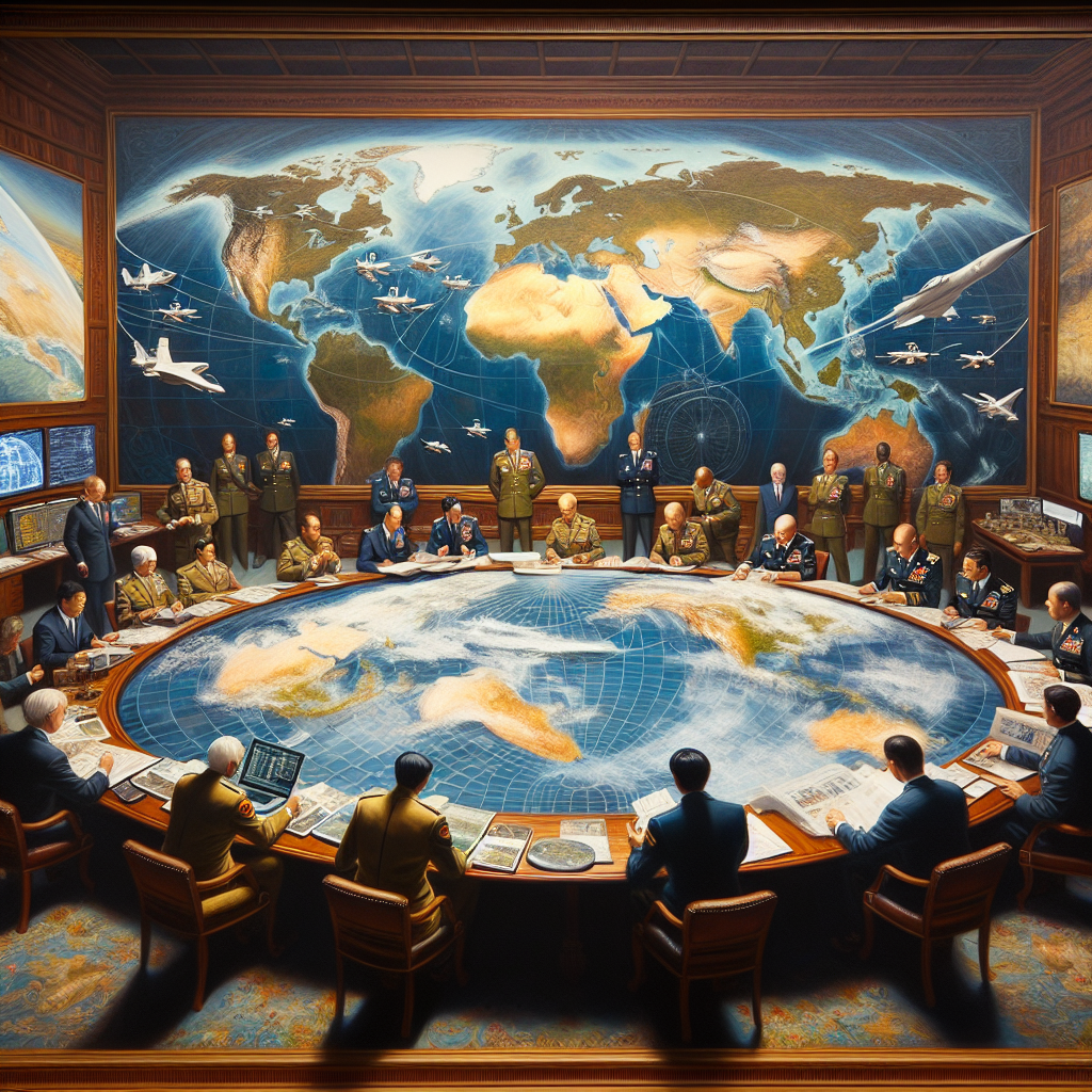 Imagine an intricate oil painting that captures the intense discussion happening in a room filled with strategists. At the center is a large polished wooden table covered with maps and miniature models of military equipment. A diverse group of people is surrounding the table; an Asian woman in military gear scrutinizing satellite images, a Middle-Eastern man in a sleek suit analyzing reports, and a Hispanic man gesturing towards a 3D diagram of a military base. In the background, a large, sweeping, world map adorns the wall, adding to the gravitas of the scene. This represents the strategic and collaborative nature of global security decision-making.