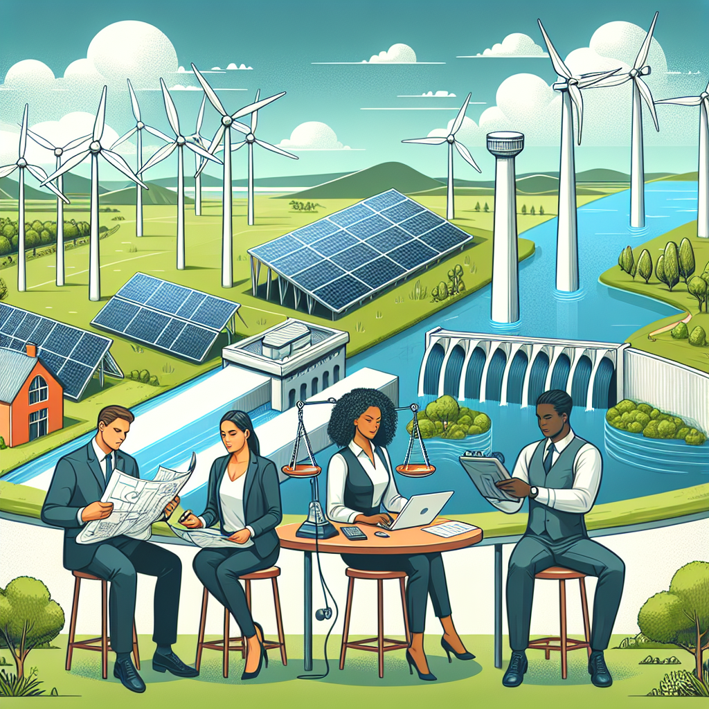 Illustrate an engaging scene of various clean energy sources: wind turbines, solar panels, and hydroelectric dams set against a picturesque backdrop of a healthy, thriving landscape. In the foreground, depict a professional group of individuals (Caucasian woman, Hispanic man, and Black woman) working diligently, pouring over detailed blueprints and strategizing on their tablets. These are the investors, deep in discussion about sustainable investments. Include a demonstration of climate change legislature in the form a balance scale, symbolizing the weighing and consideration of different laws and their impacts.