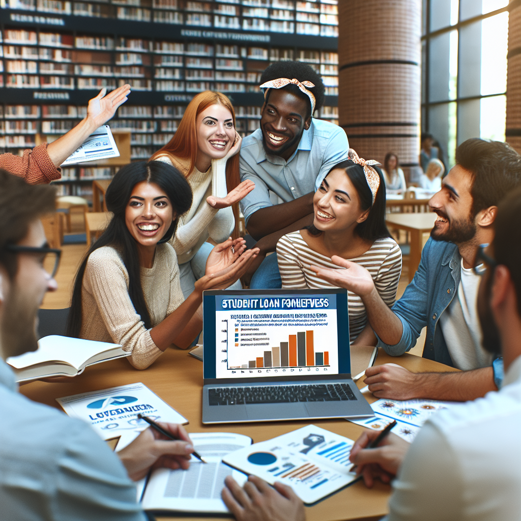 The scene represents a diverse group of students engaged in a lively discussion about various student loan forgiveness programs. The visuals include a South Asian woman holding a laptop displaying a chart outlining updates to student loan repayment schemes. An African man is pointing at the screen, indicating an important point about a beneficial program. A Middle Eastern man is excitedly taking notes in his journal, while a Caucasian woman leans over to share her perspective. The setting is a modern, brightly lit university library filled with books and educational resources.