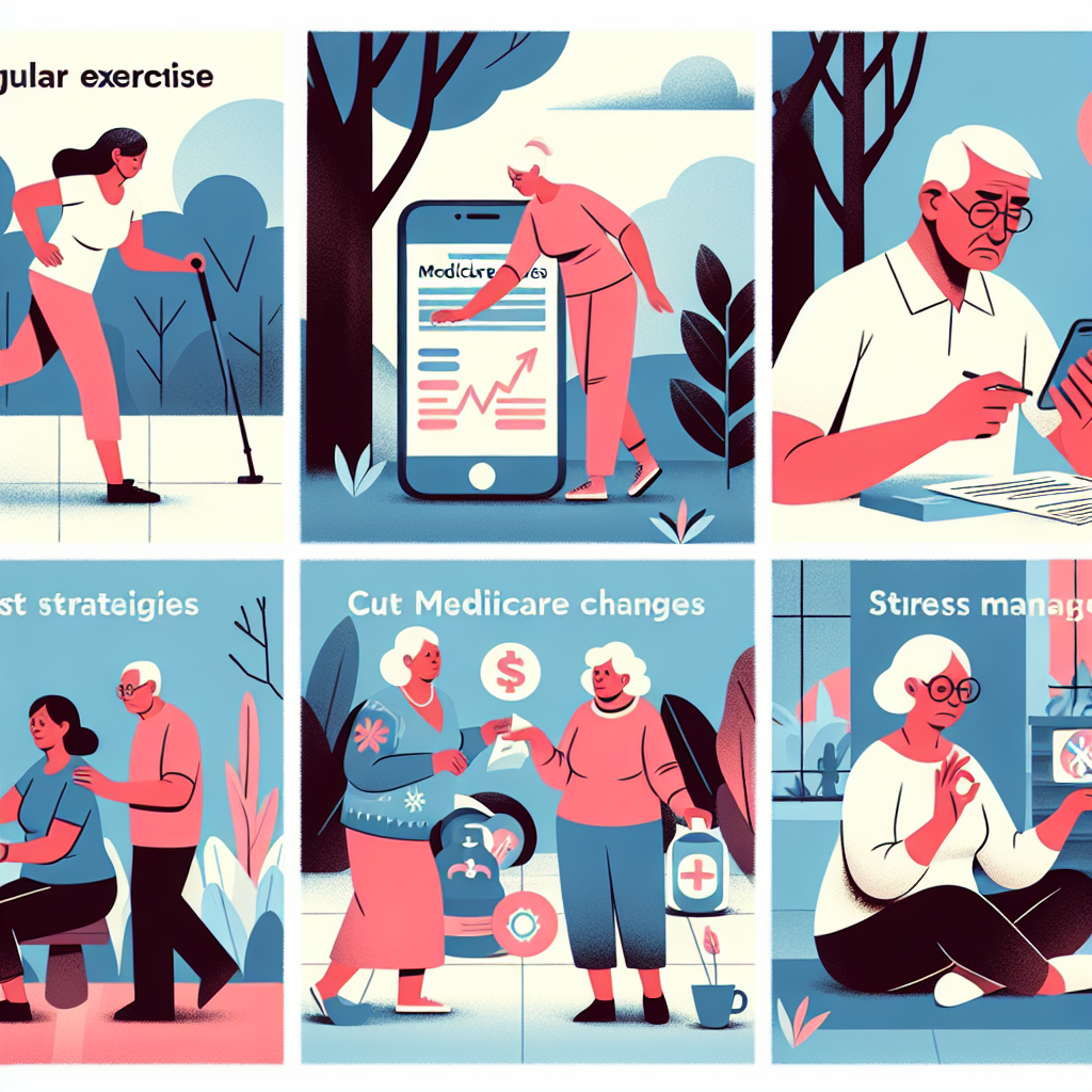 A scene of elderly individuals engaged in various activities that aid in reducing healthcare costs. In one area of the image, an Asian woman is briskly walking in a park, indicating regular exercise. Nearby, a Caucasian man is carefully reviewing some documents, representing the understanding of Medicare changes. On another side, a Hispanic woman is using a cellphone to compare the prices of medications through an app. In the middle, a Black woman leads a group in meditation, symbolizing stress management. Always remember the message: Effortless Strategies to Cut Healthcare Costs.
