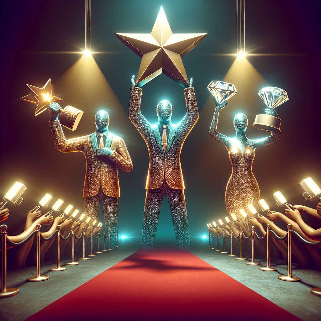 A creative, high-quality image for an article focusing on the milestones of generic, unnamed celebrities and their accomplishments. The image features three abstract figures, embodying the concept of notability and success. The first figure is a male holding up a gold star, the second figure is a female grasping a handful of diamonds, and the third figure is a non-binary individual proudly displaying a silver trophy. All three figures stand on a red carpet, with flashing lights from unseen cameras around them. The words 'Milestones' and 'Updates' appear in fancy, bold script adding an element of glamour and exclusivity to the image.