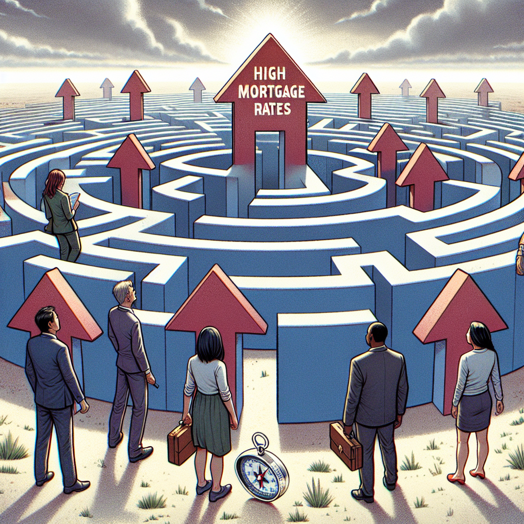 An illustrated scene capturing the urgency and complexity of the US housing market crisis. The scene includes a daunting labyrinth made up of increasing arrows symbolizing high mortgage rates. There's a diverse group of people – an East Asian man, a white woman, a Black man, and a Hispanic woman – tentatively standing at the entrance of the labyrinth, equipped with compasses and maps, representing strategies. The labyrinth is located on a vast plain area under an overcast sky, creating an atmosphere of uncertainty but also hinting at the potential for navigation and success.